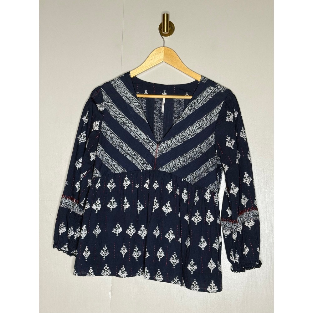Free People Navy Printed Babydoll Blouse V Neck Long Sleeve Size S/P